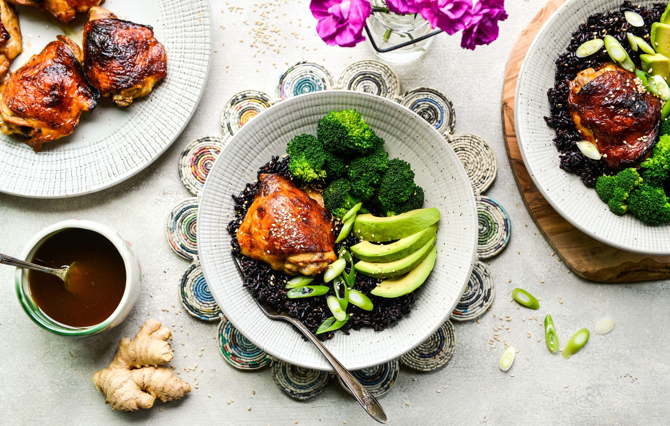 BLACK RICE-ROASTED CHICKEN-GINGER-BROCCOLI BOWLS-1