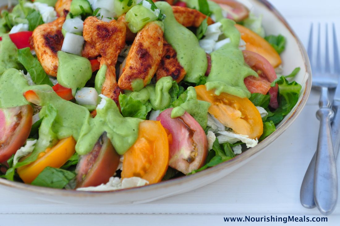 Chicken Fajita Salad with Spicy Avocado Dressing Paleo
