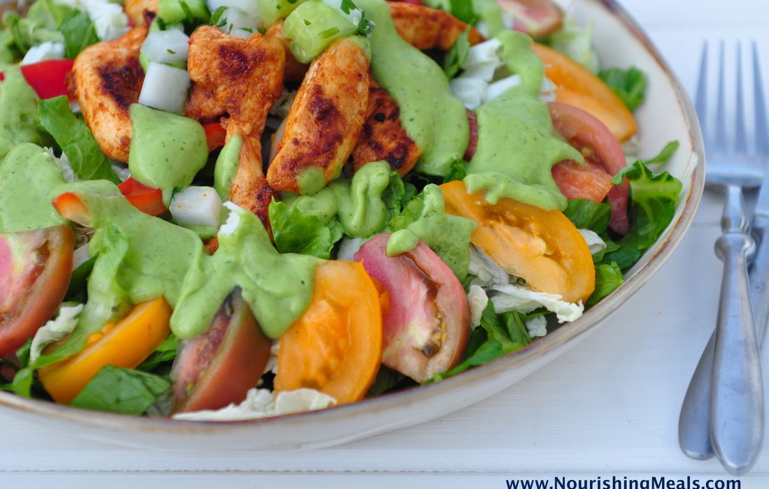 Chicken Fajita Salad with Spicy Avocado Dressing Paleo