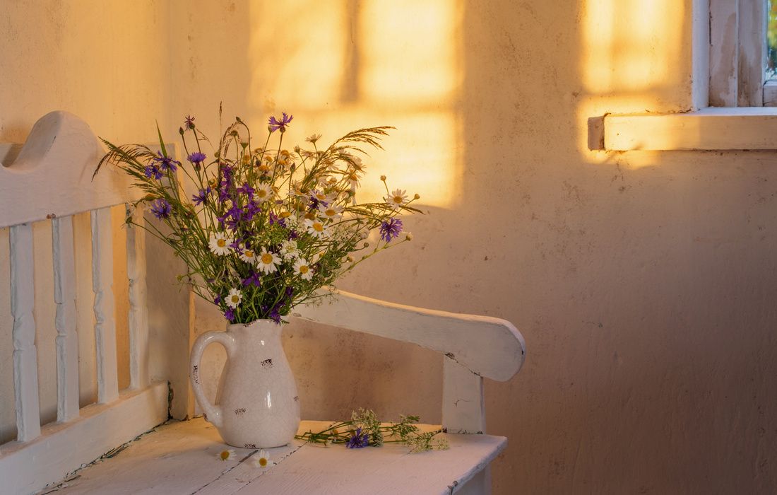 FLOWERS ON BENCH SUNSET