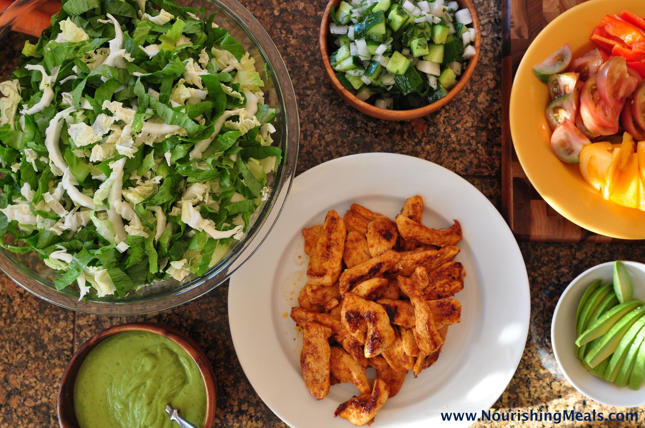 Chicken Fajita Salad, Spicy Avocado Dressing
