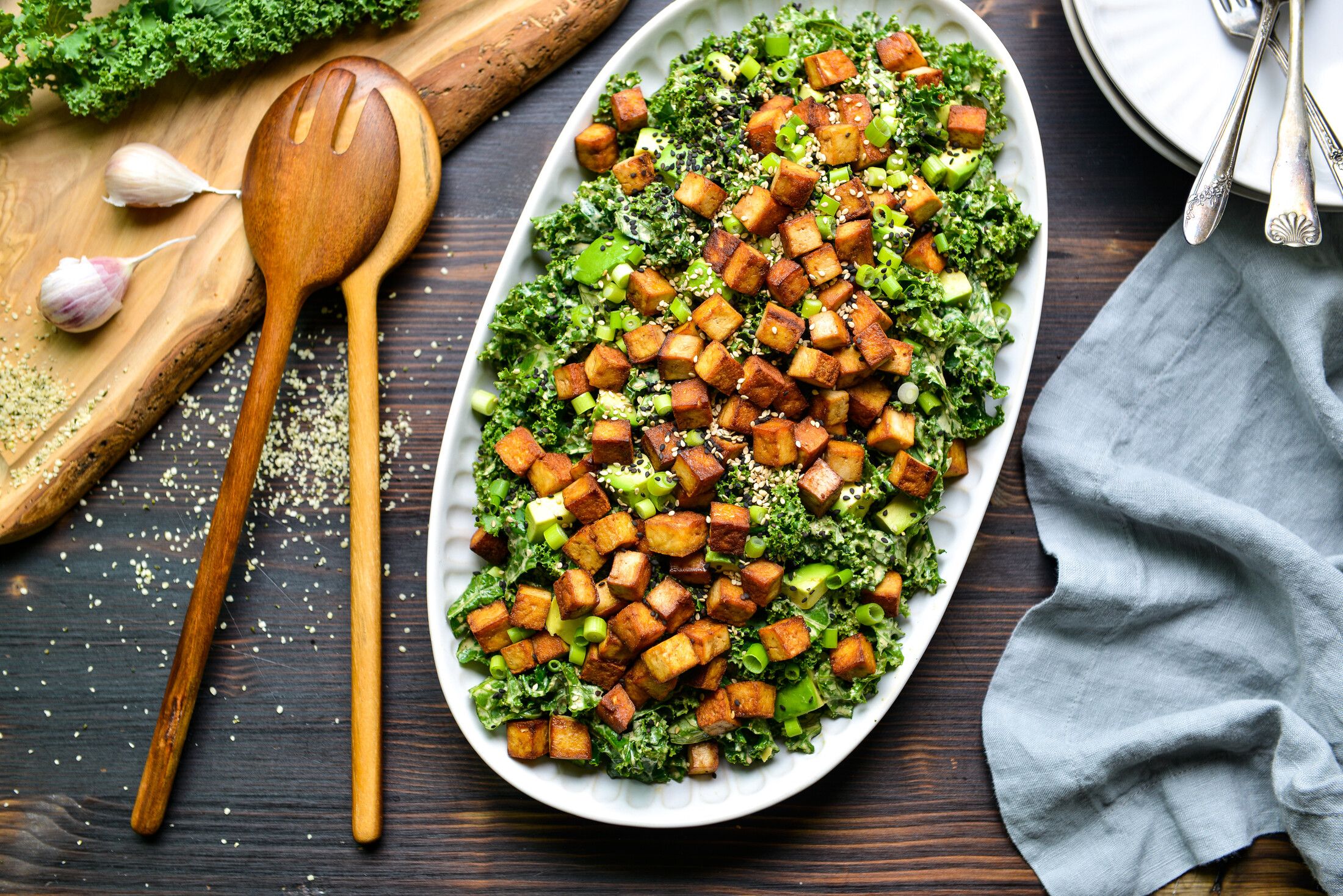 CRISPY TOFU KALE SALAD HEMP DRESSING VEGAN KETO-1