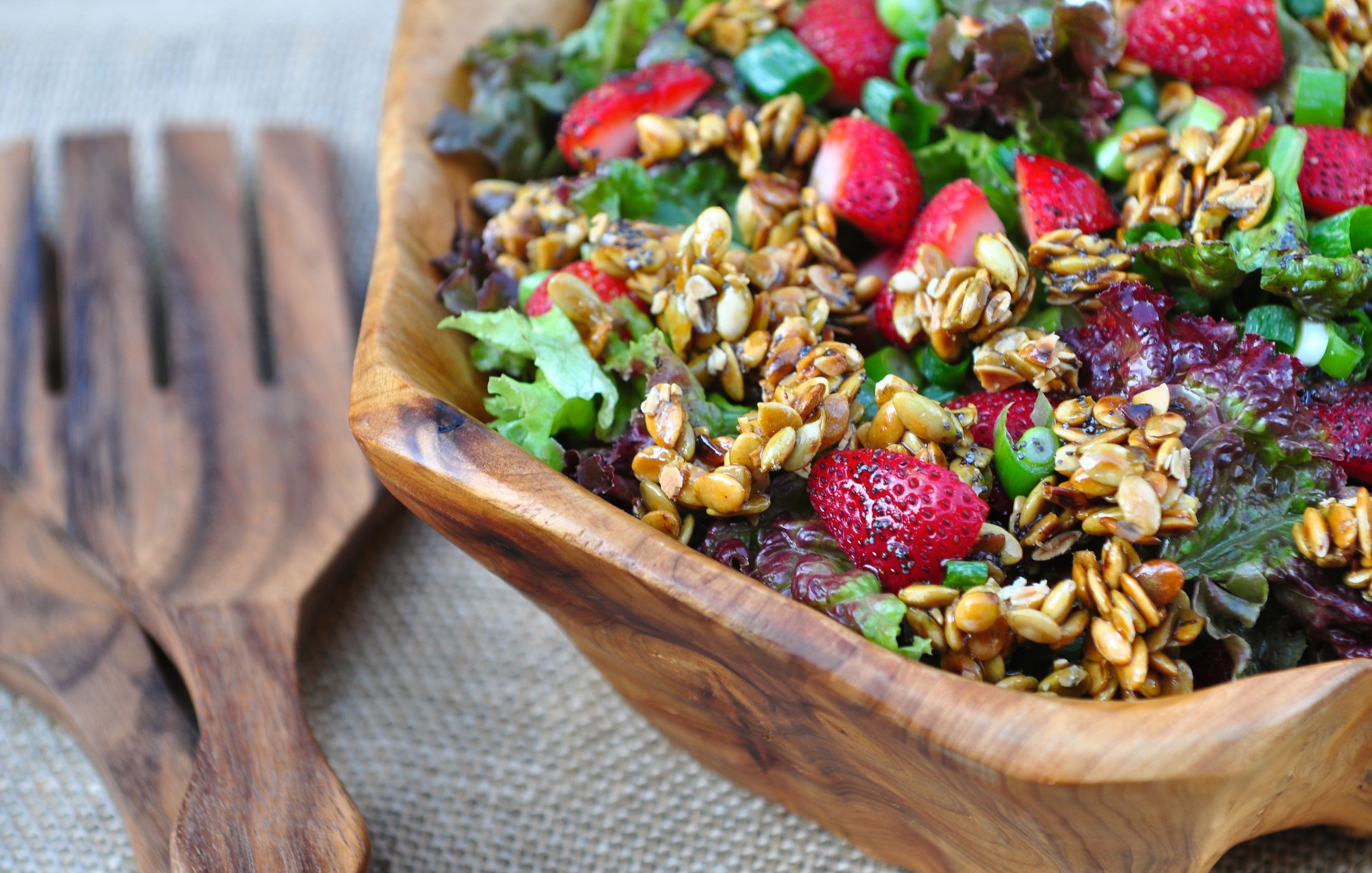 Sugar-Free Strawberry Salad with Candied Pumpkin Seeds and a Poppy Seed Vinaigrette