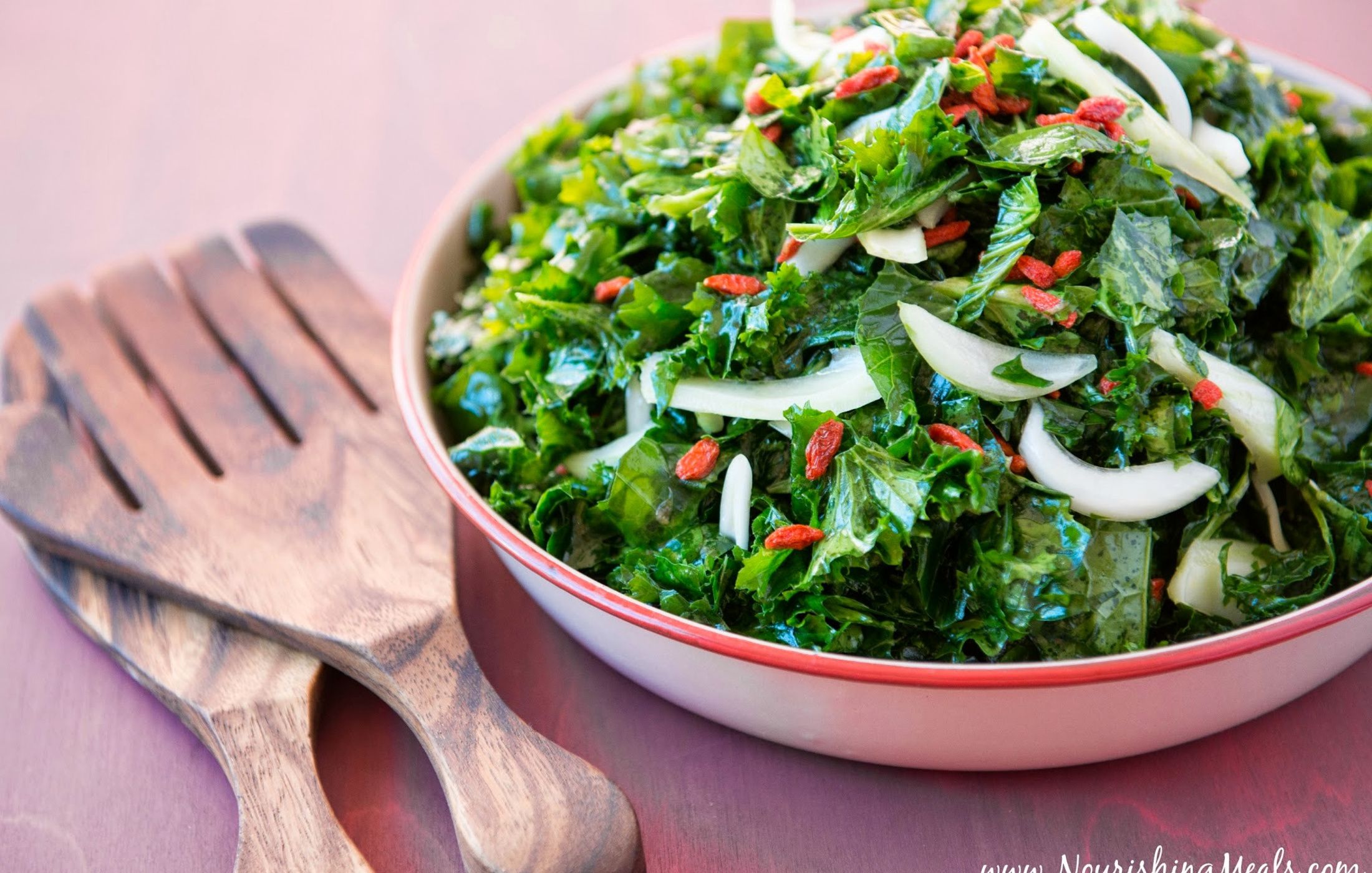 Zippy Kale Salad with Fennel, Sweet Onion, and Goji Berries