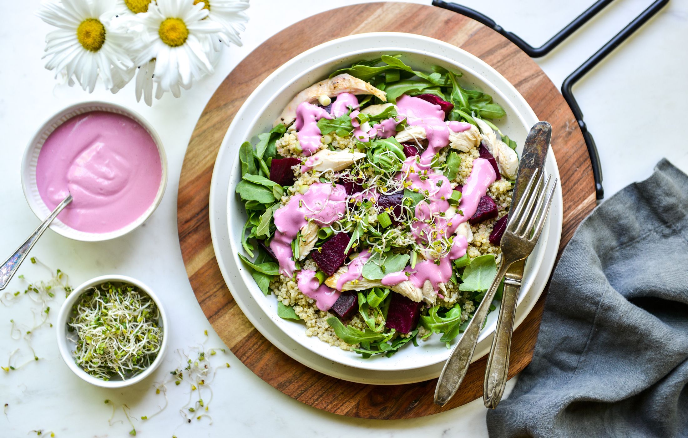 Arugula-Chicken-Quinoa Salad-Creamy Beetroot Dressing-1