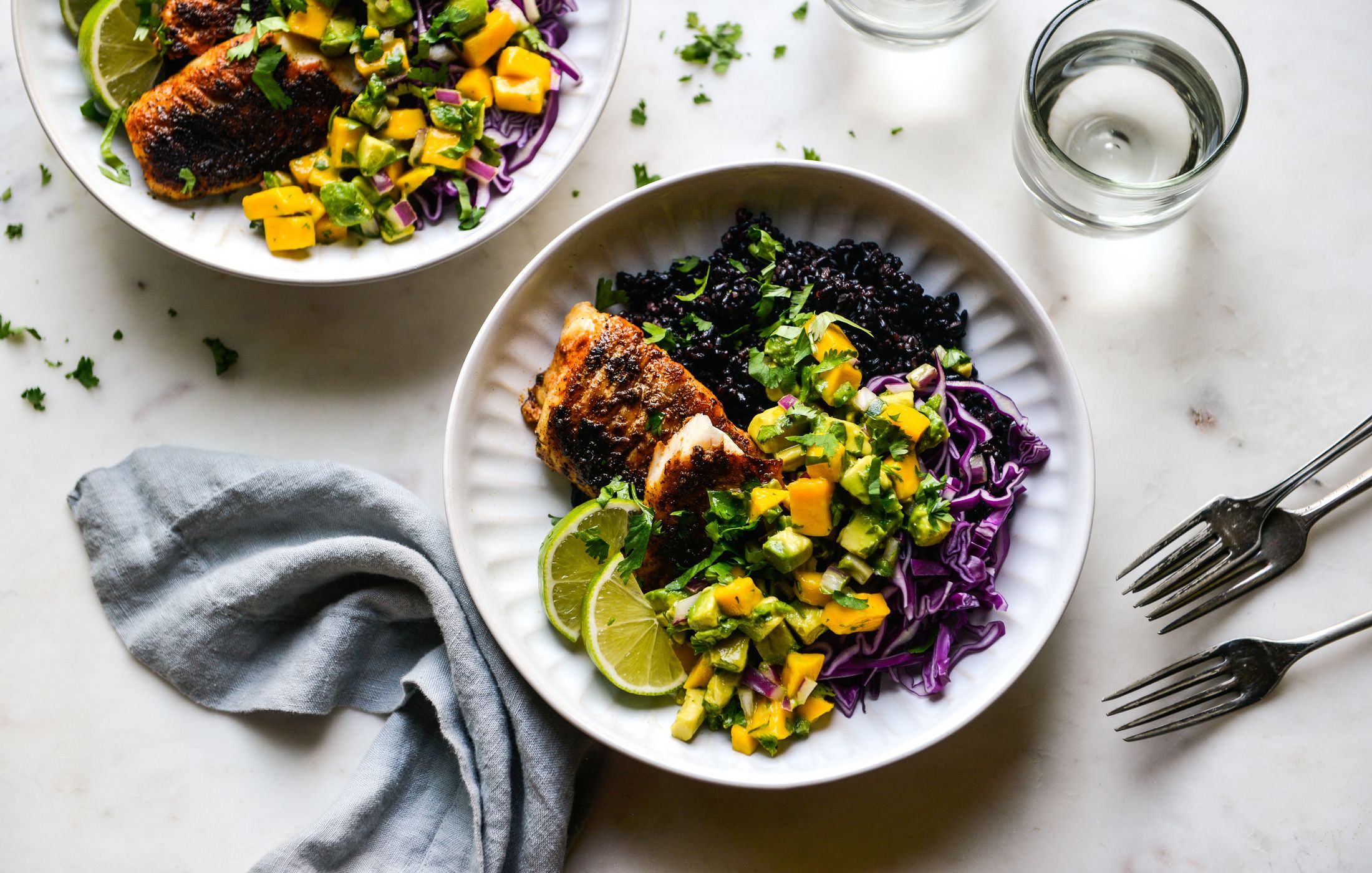FISH TACO BOWLS WITH MANGO-AVOCADO SALSA-BLACK RICE-1