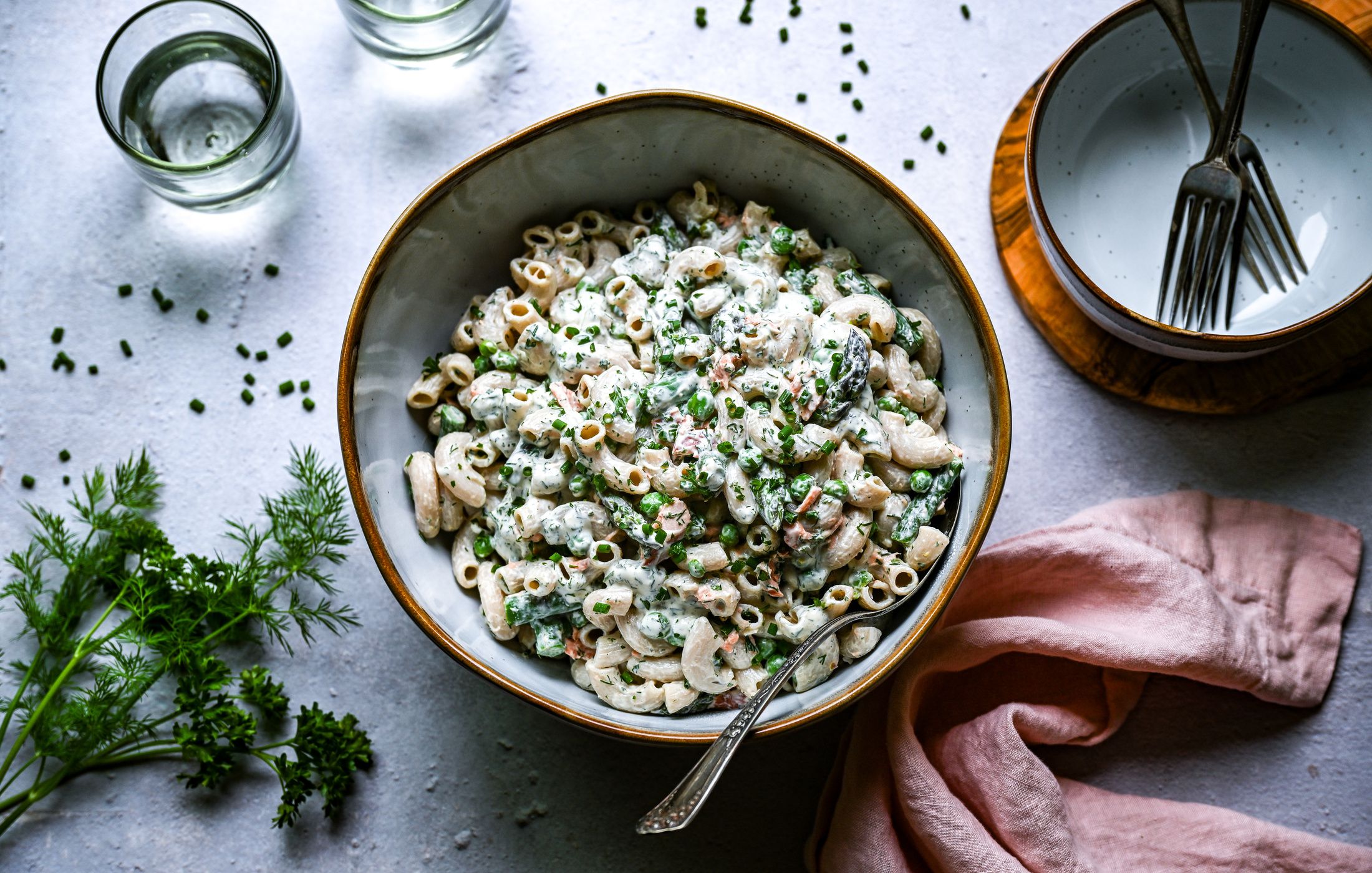 GLUTEN-FREE SMOKED SALMON PEA ASPARAGUS PASTA SALAD WITH HERBED YOGURT DRESSING-2