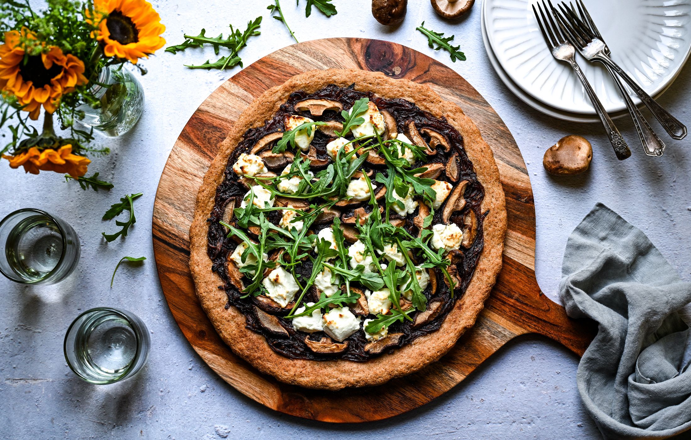 GOAT CHEESE CARAMELIZED ONION SHIITAKE PIZZA BUCKWHEAT CRUST GLUTEN-FREE EGG-FREE TOMATO-FREE-1