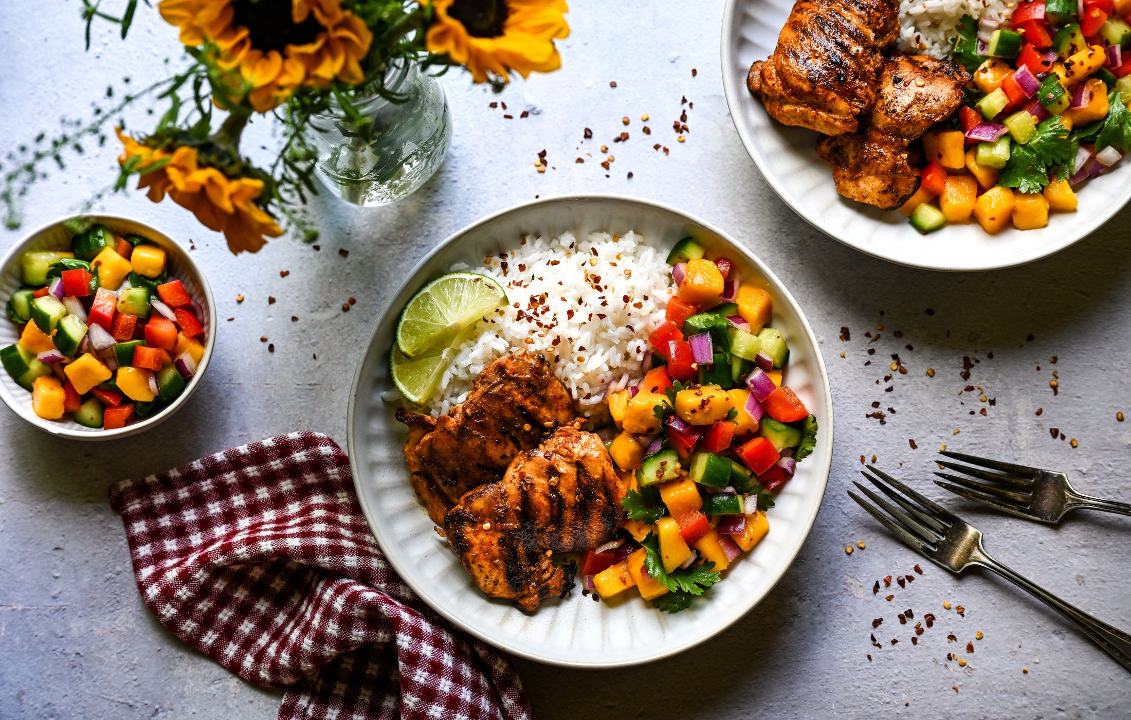 GRILLED CHILI LIME CHICKEN THIGHS WITH MANGO CUCUMBER SALAD AND RICE BOWLS-2