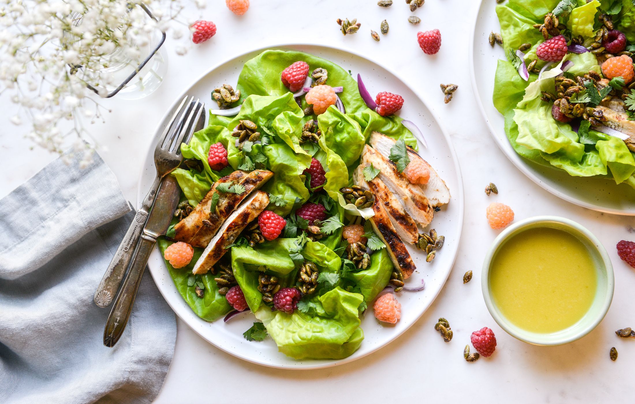 GRILLED CUMIN-LIME CHICKEN AND RASPBERRY SALAD WITH CARDAMOM-TOASTED PUMPKIN SEEDS-1