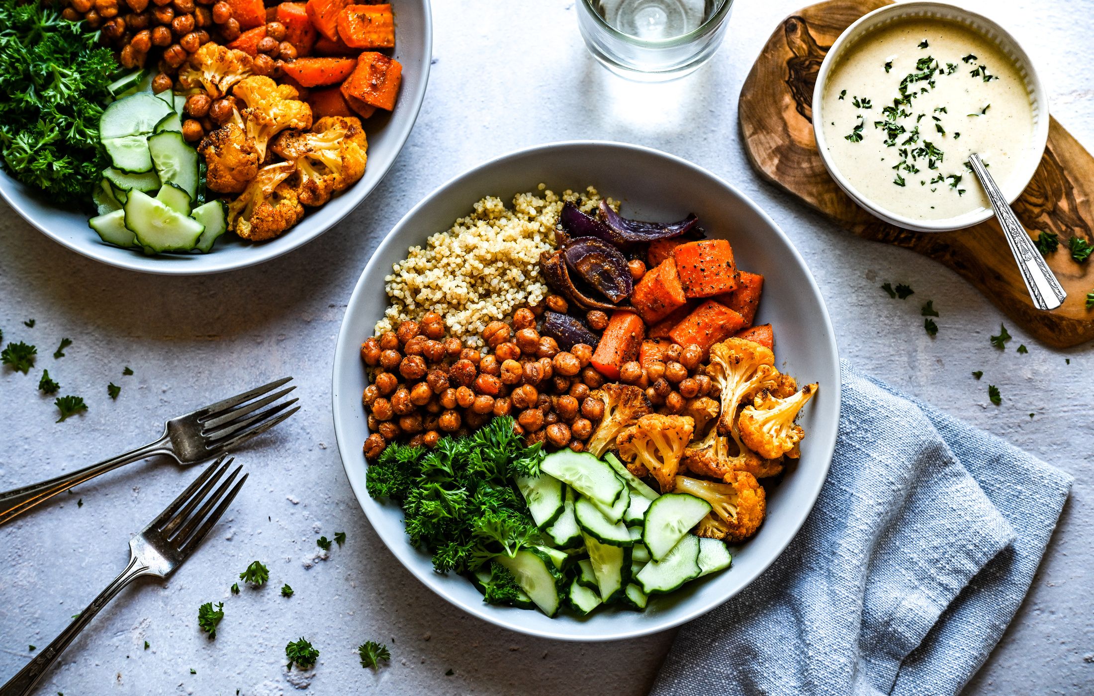 MIDDLE EASTERN ROASTED VEGETABLE CHICKPEA AND QUINOA BOWLS WITH CREAMY LEMON-TAHINI SAUCE-11