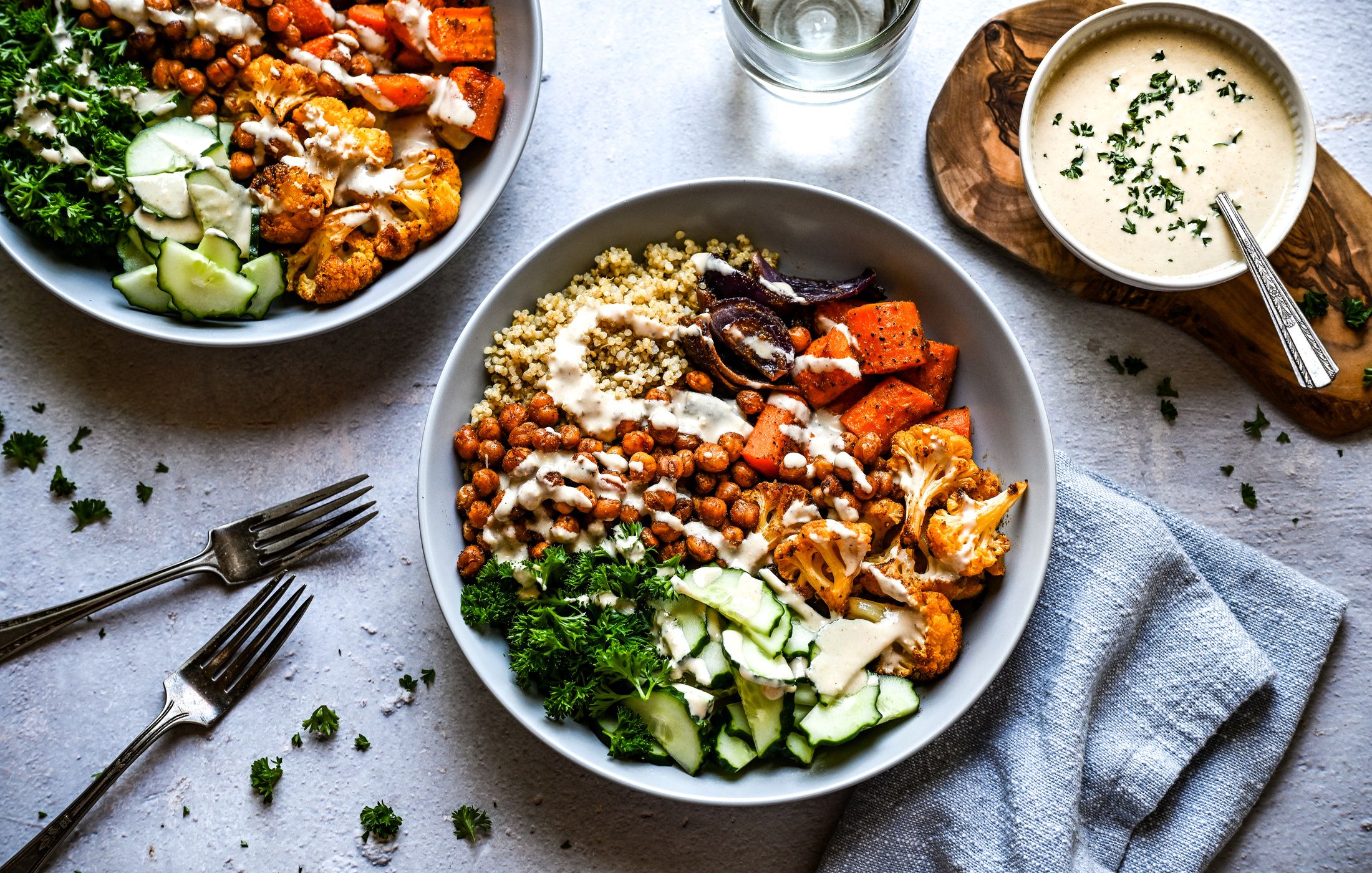 MIDDLE EASTERN ROASTED VEGETABLE CHICKPEA AND QUINOA BOWLS WITH CREAMY LEMON-TAHINI SAUCE-3