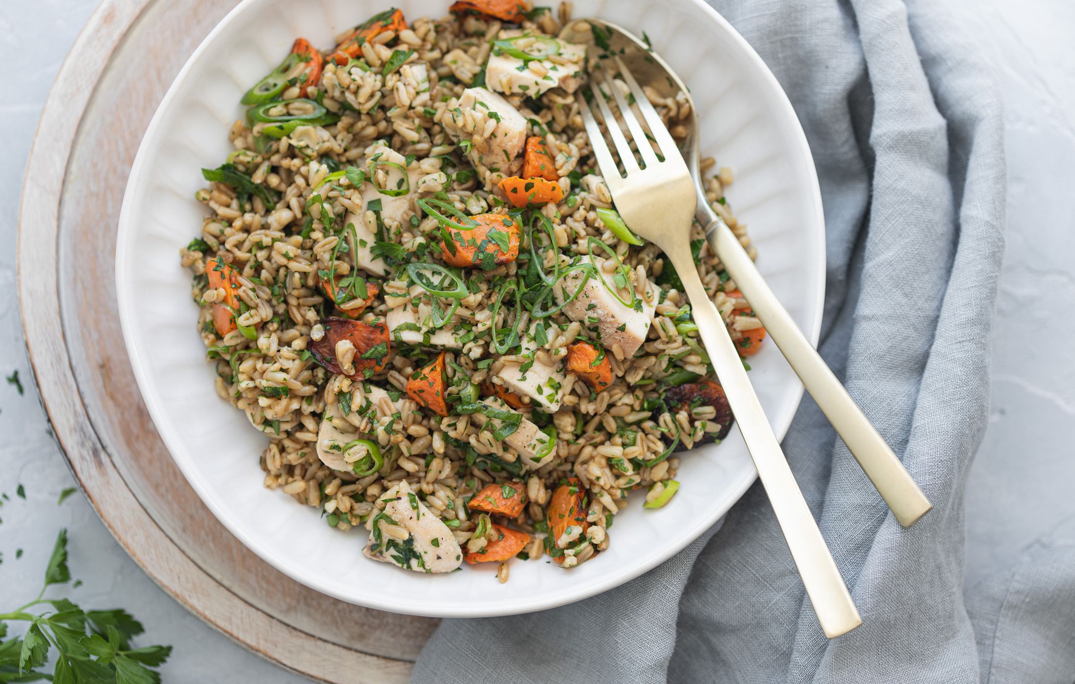 Oat Groat Salad with Chicken and Roasted Carrots