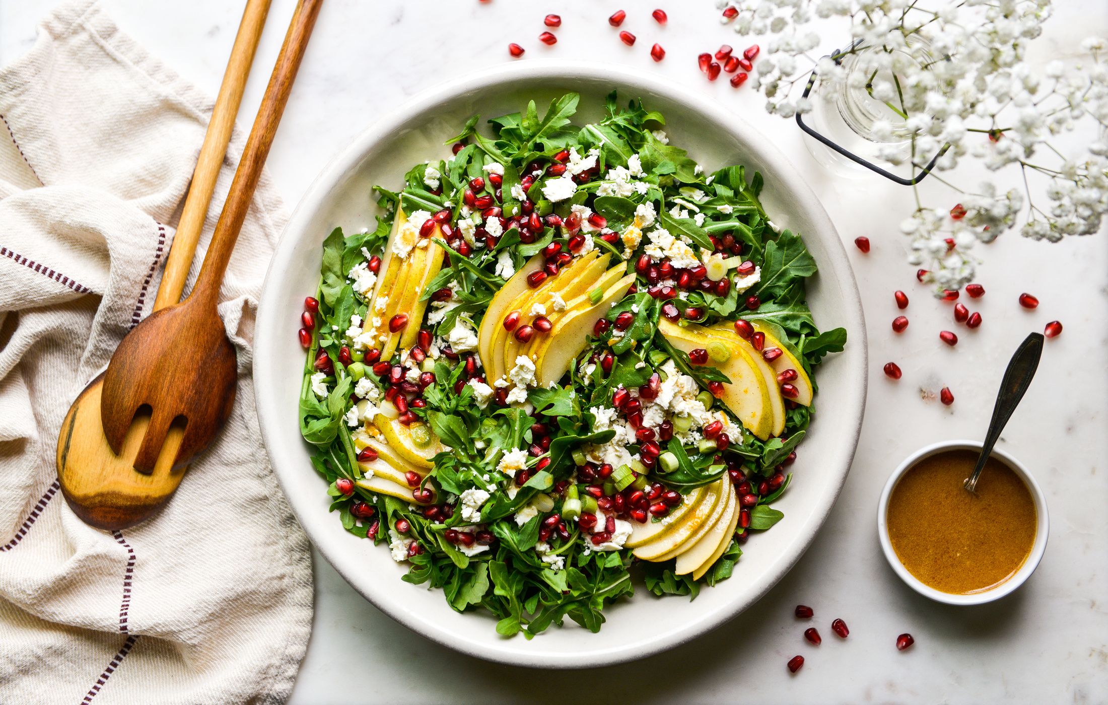 PEAR POMEGRANATE ARUGULA SALAD CITRUS-CIDER VINAIGRETTE-1