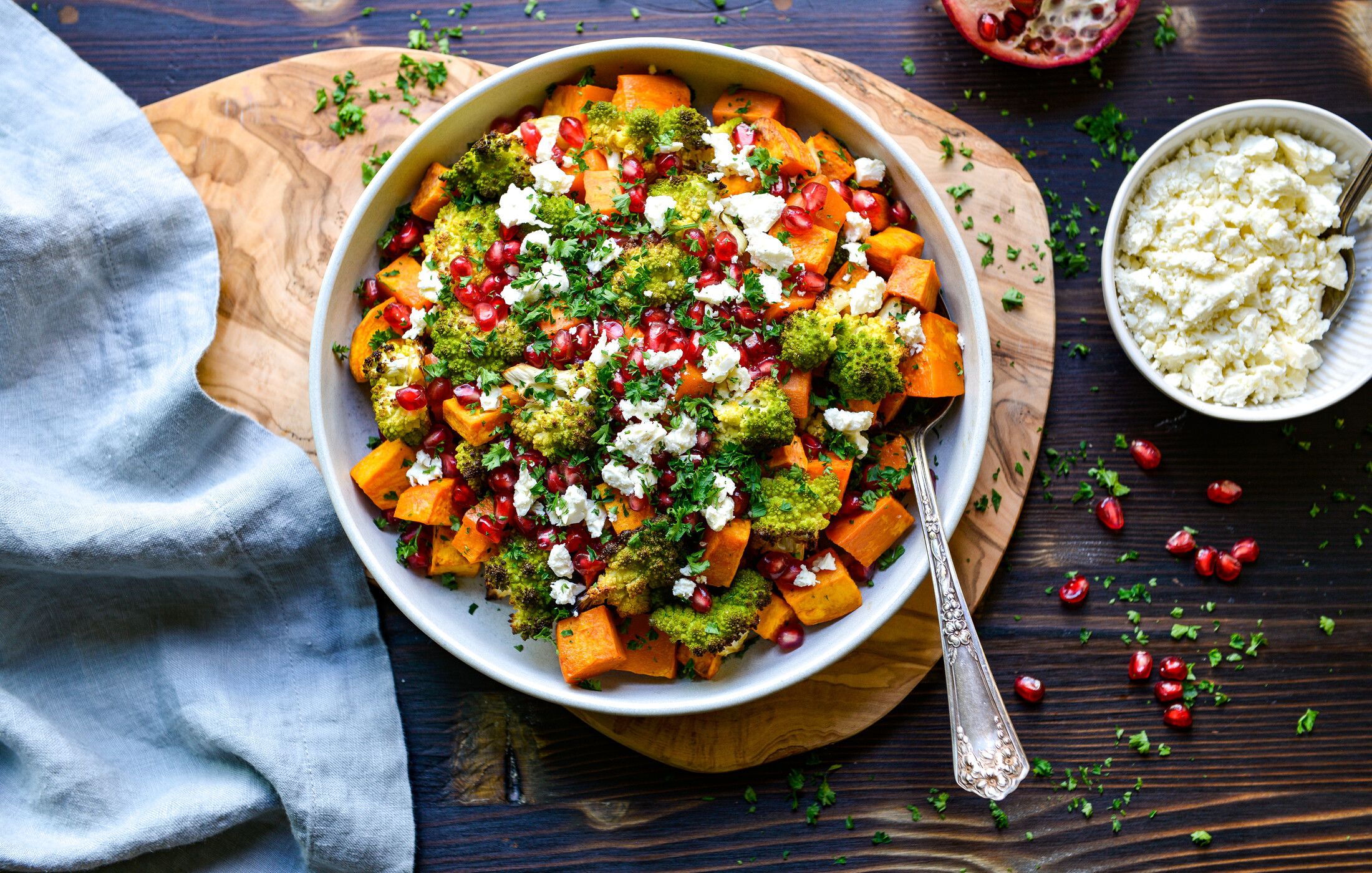 ROASTED ROMANESCO & SWEET POTATOES POMEGRANATE FETA-1