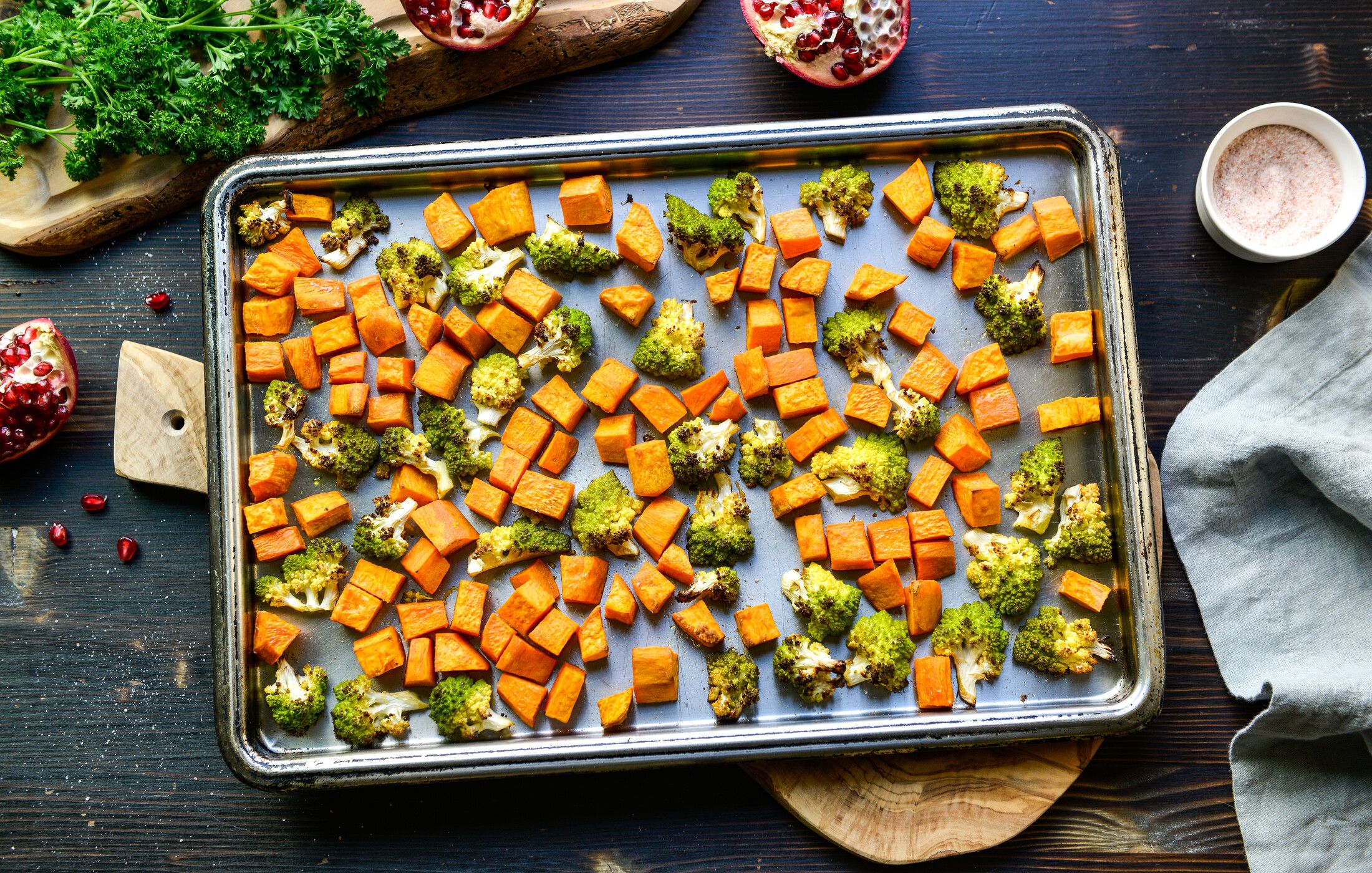 ROASTED ROMANESCO & SWEET POTATOES POMEGRANATE FETA-2