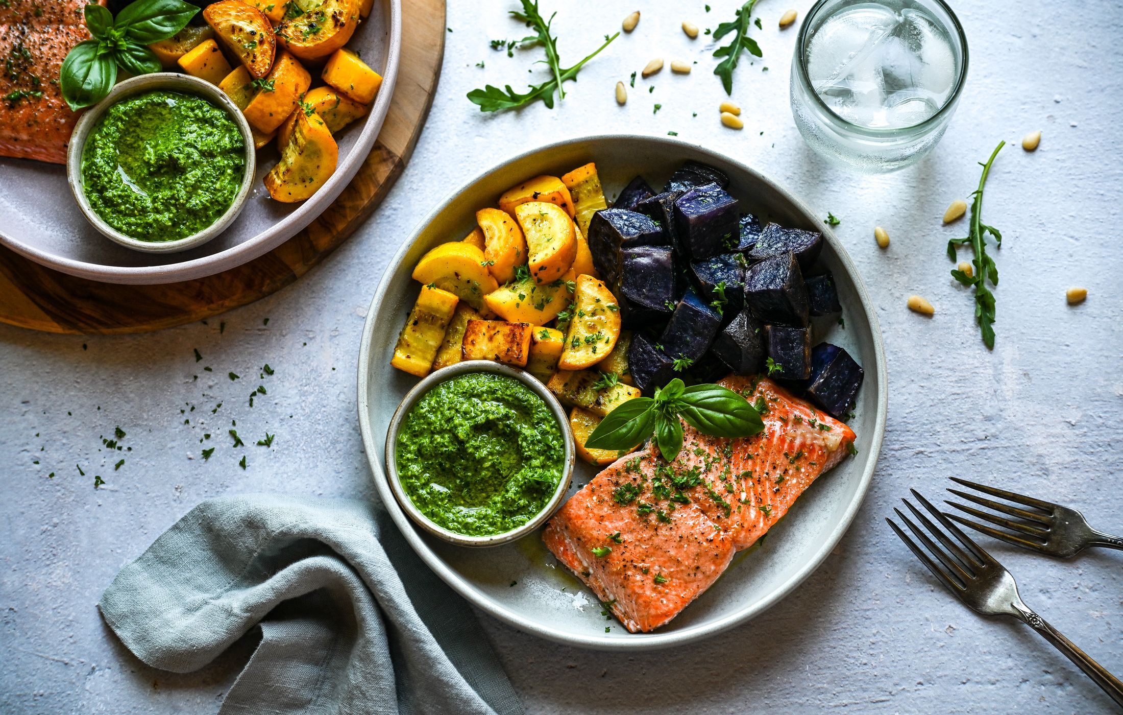 ROASTED WILD SALMON PURPLE POTATOES ARUGULA PESTO DAIRY-FREE-1