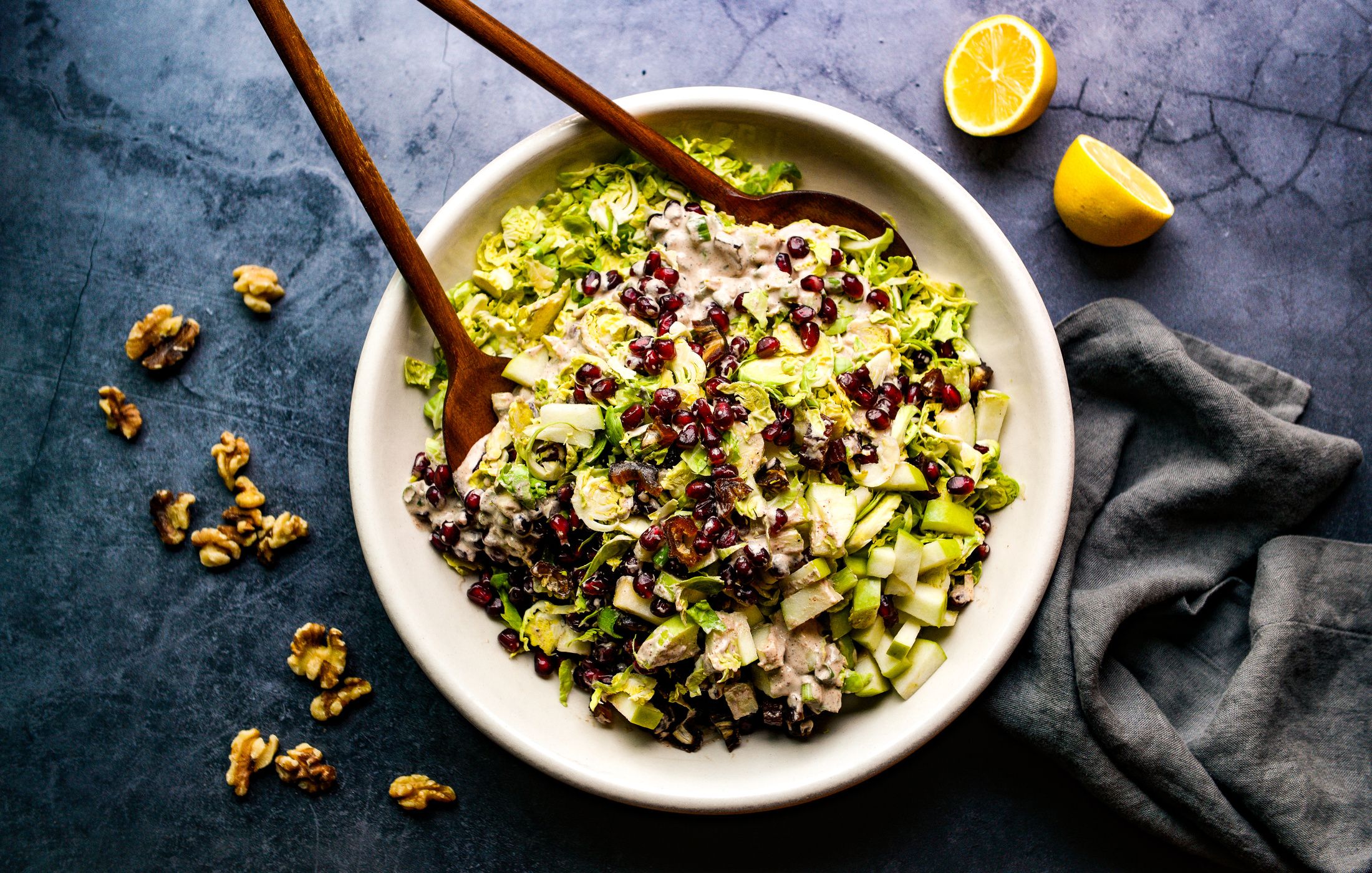 SHAVED BRUSSELS SPROUTS POMEGRANATE SALAD WALNUT HARISSA DRESSING DAIRY-FREE-1