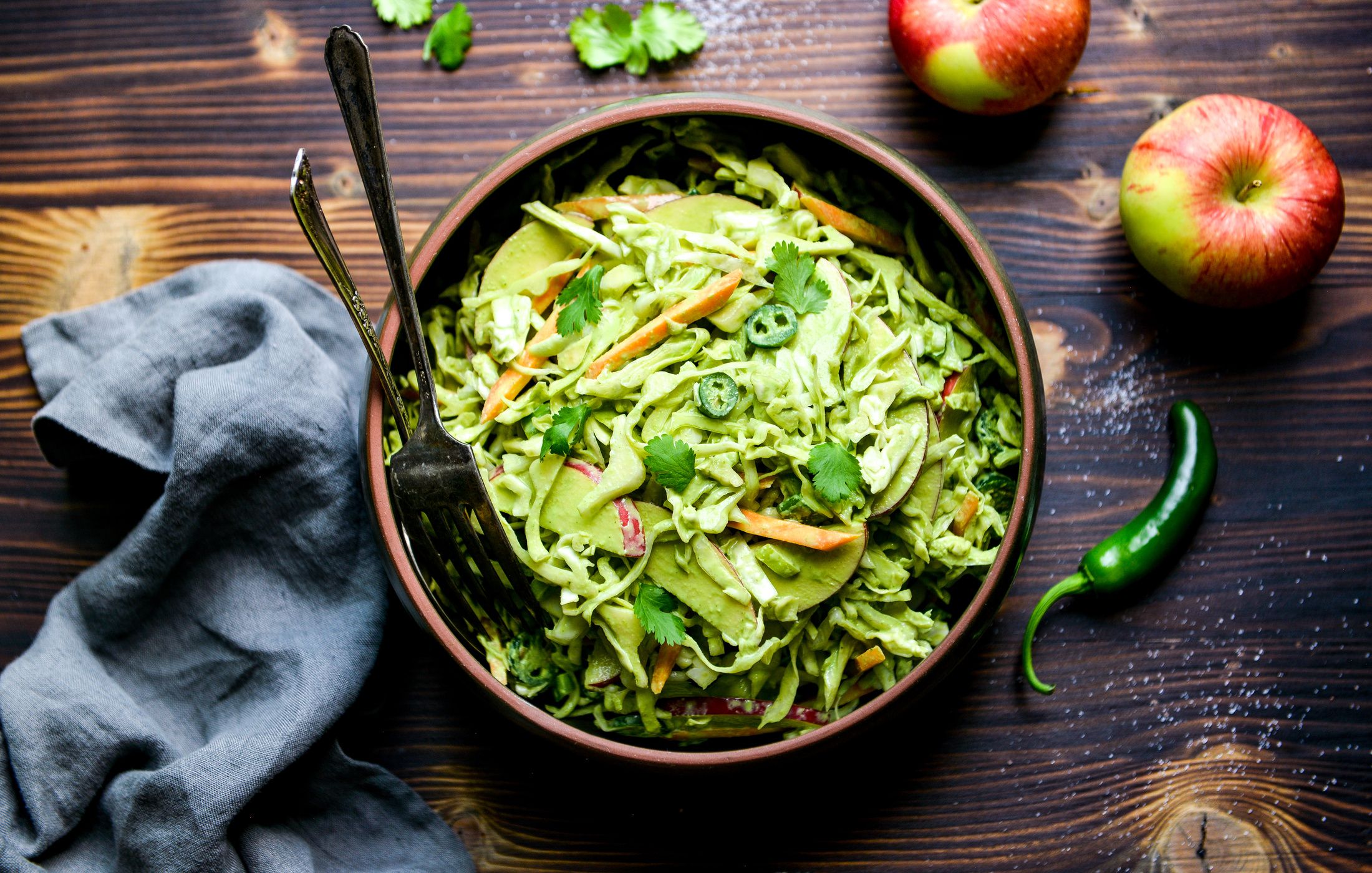 SPICY CABBAGE APPLE SLAW WITH COTTAGE CHEESE LIME CILANTRO DRESSING-1
