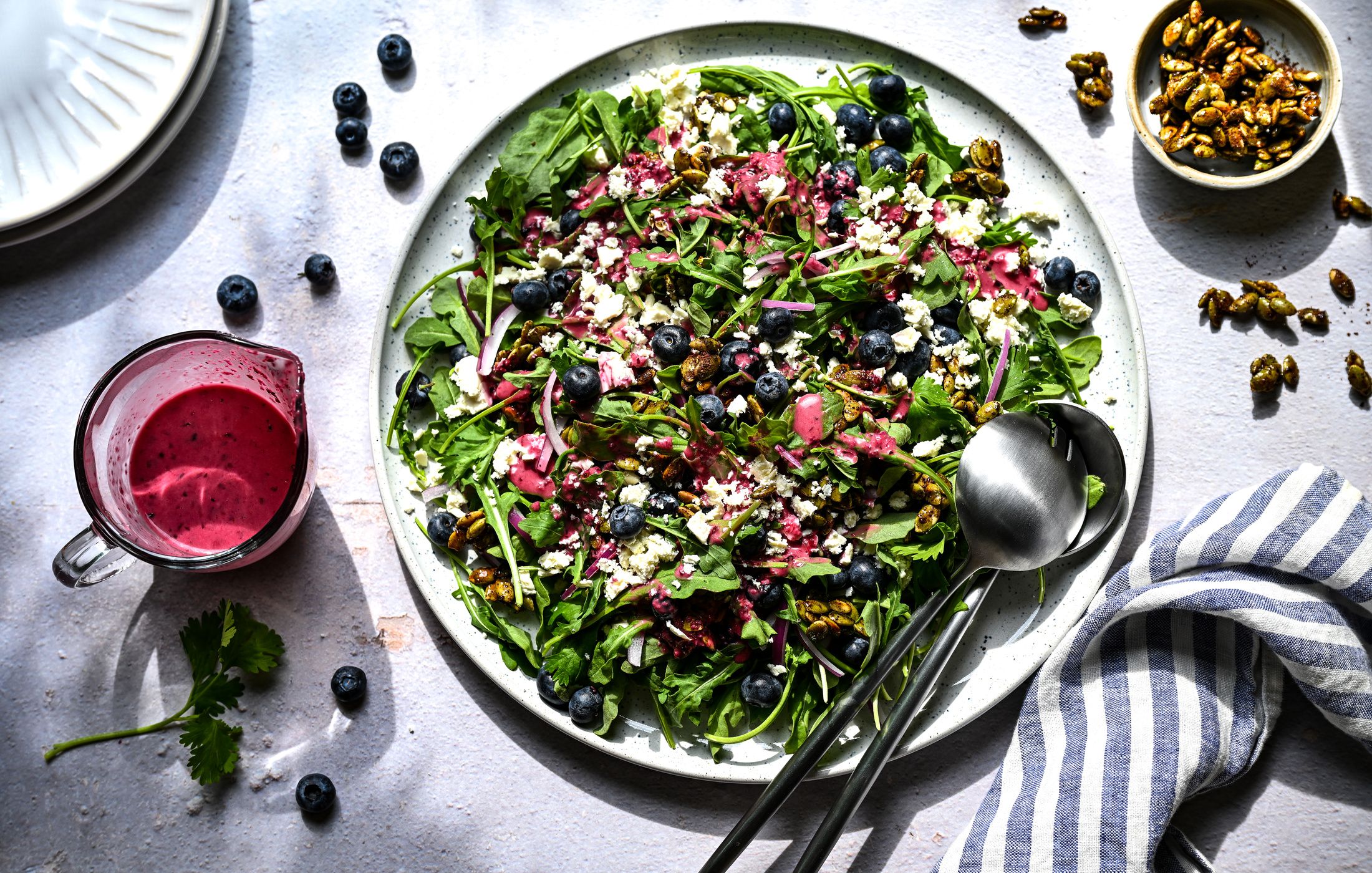 SUMMER BLUEBERRY AND ARUGULA SALAD WITH GINGER-LIME DRESSING AND SUMAC PUMPKIN SEEDS-1