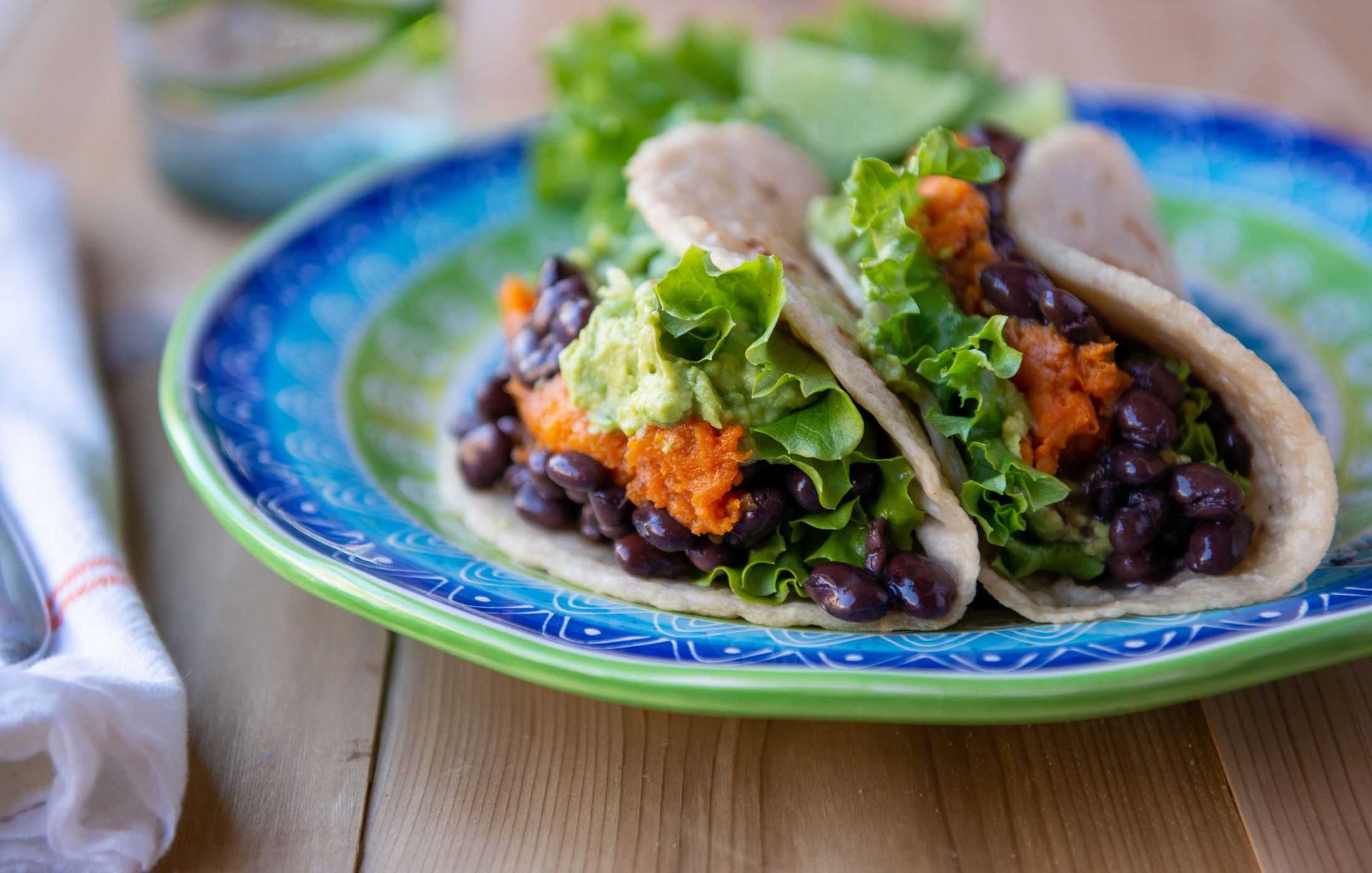 Black Bean, Yam, and Avocado Tacos Vegan