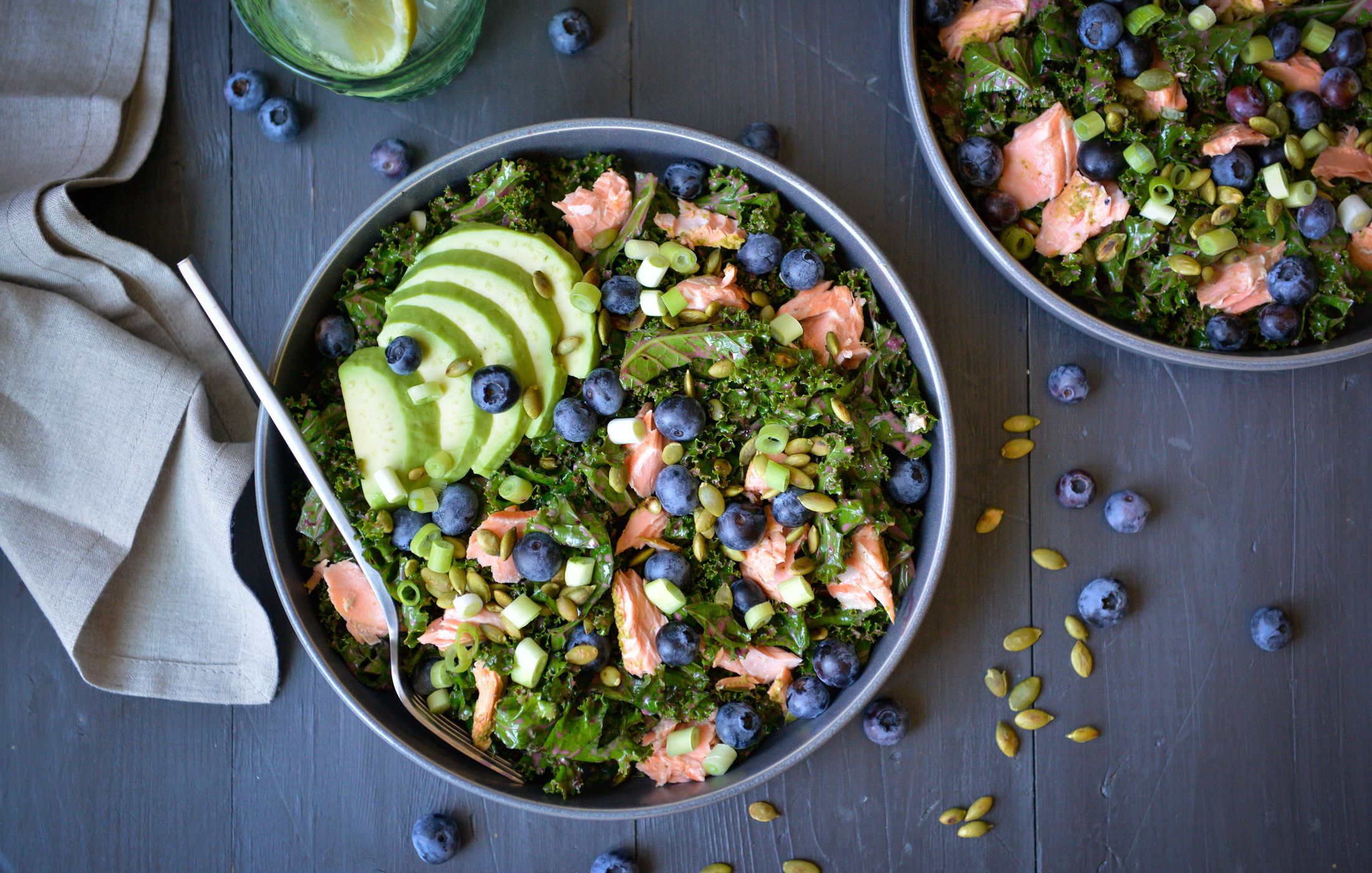 Kale and Salmon Salad with Blueberry Dressing