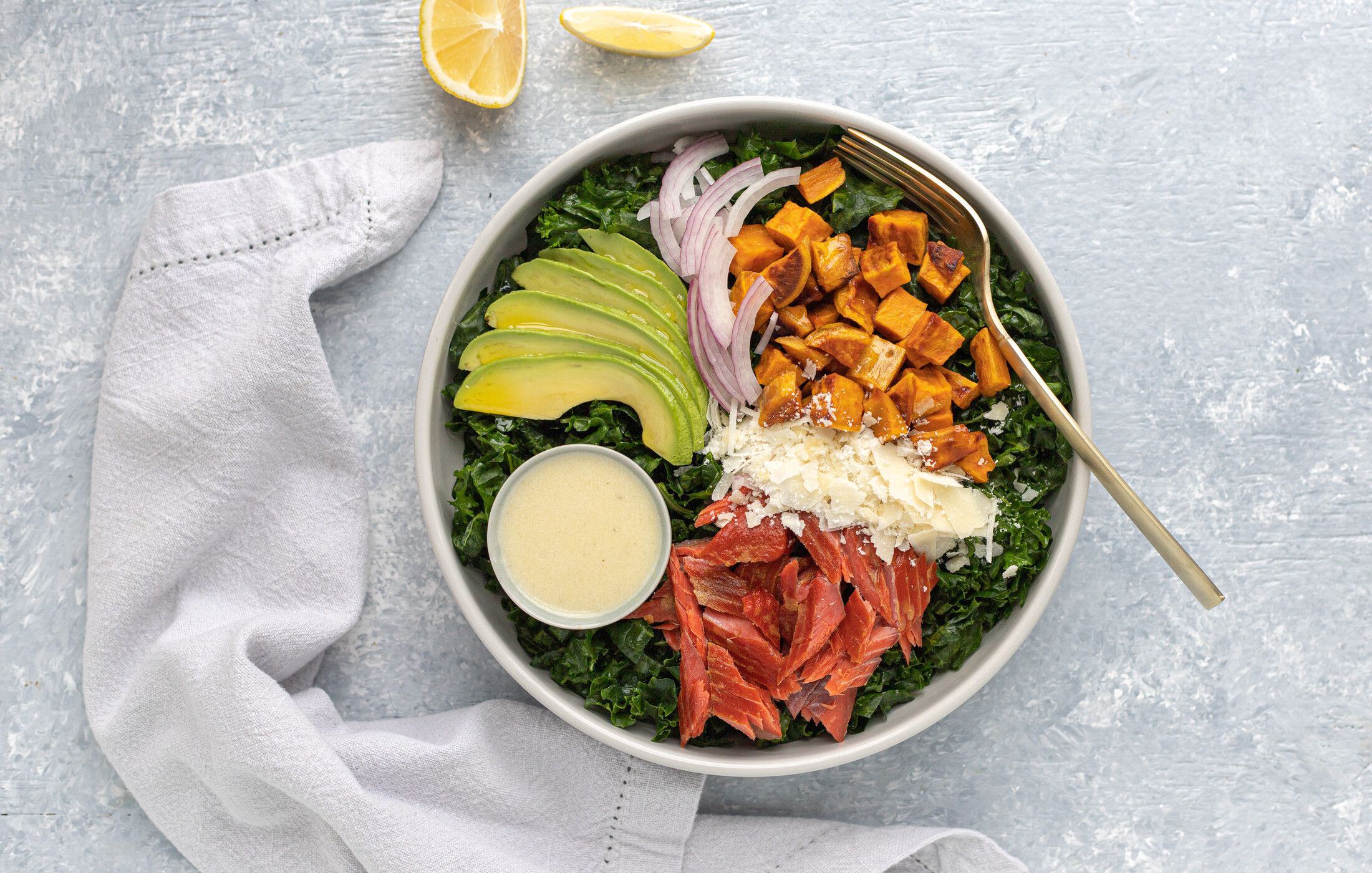 Massaged Kale Salad with Sweet Potatoes and Smoked Salmon