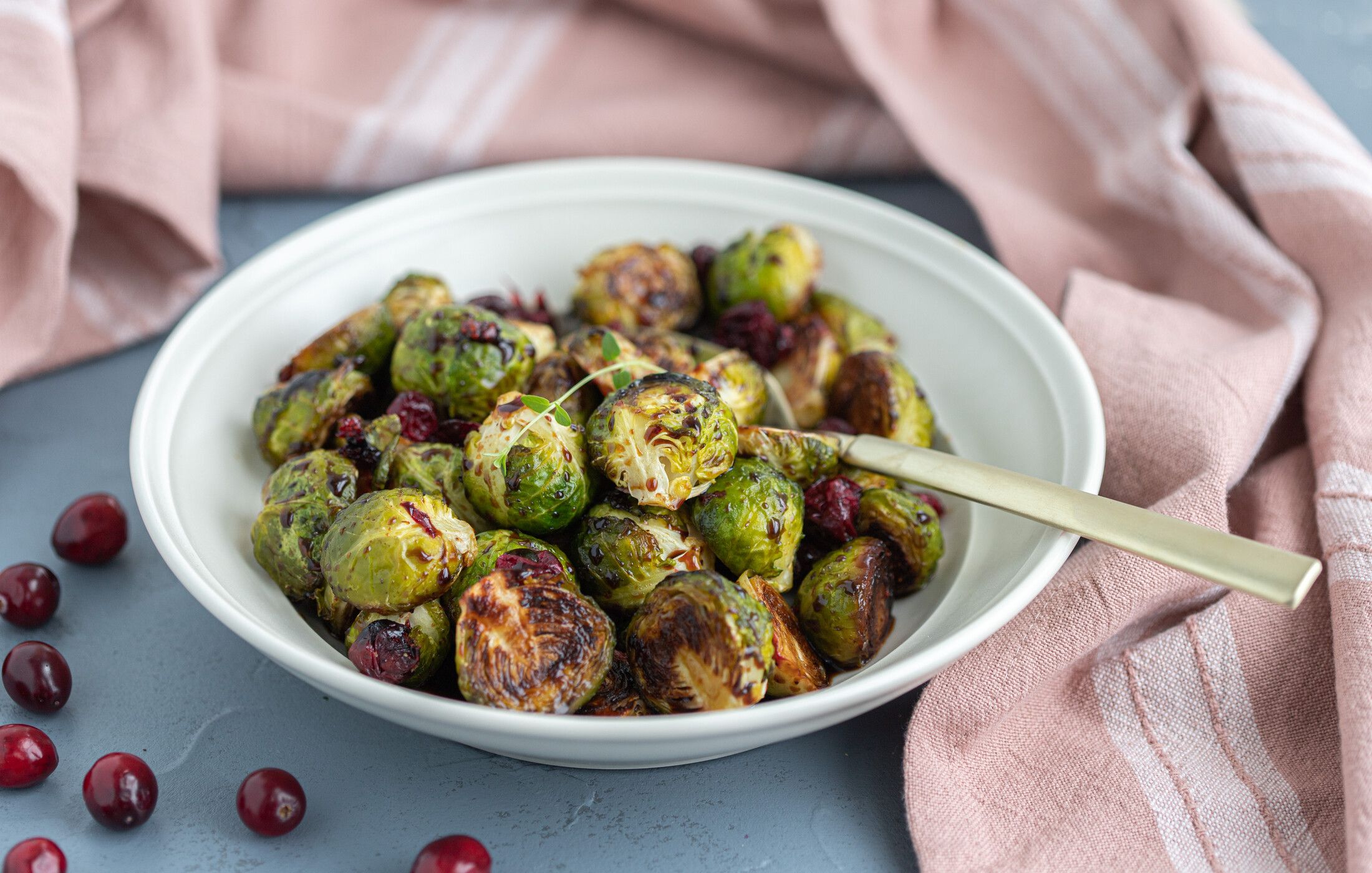 Roasted Brussels Sprouts  with Cranberries and Balsamic Reduction