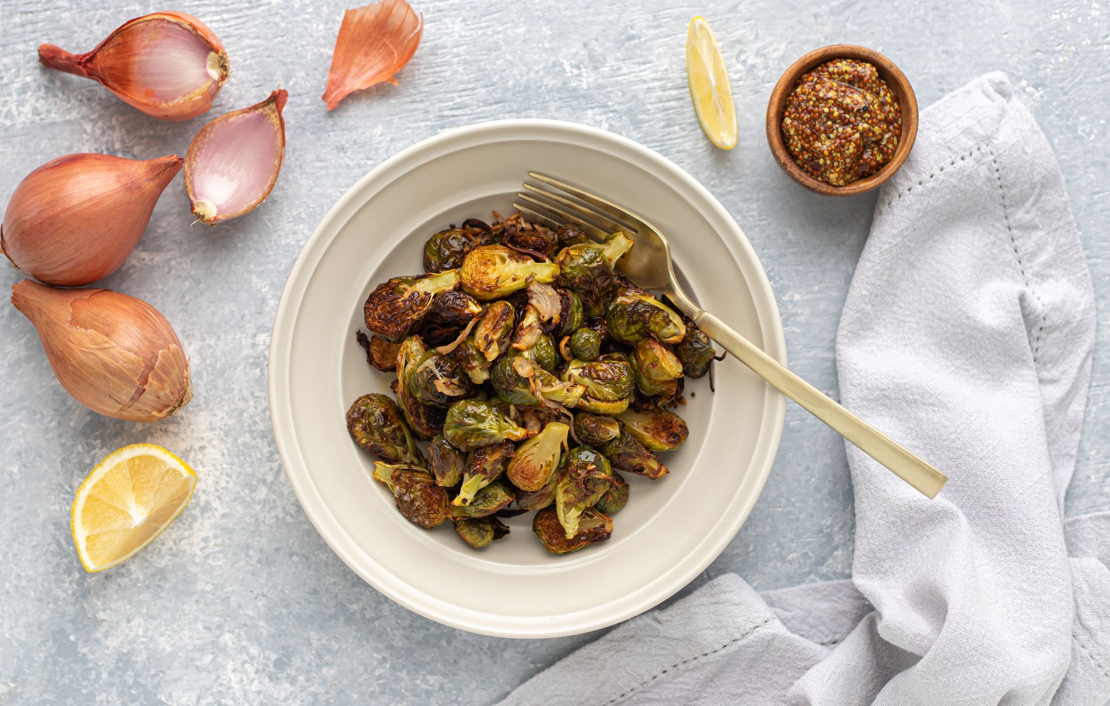 Roasted Brussels Sprouts with Shallots and Mustard Seeds
