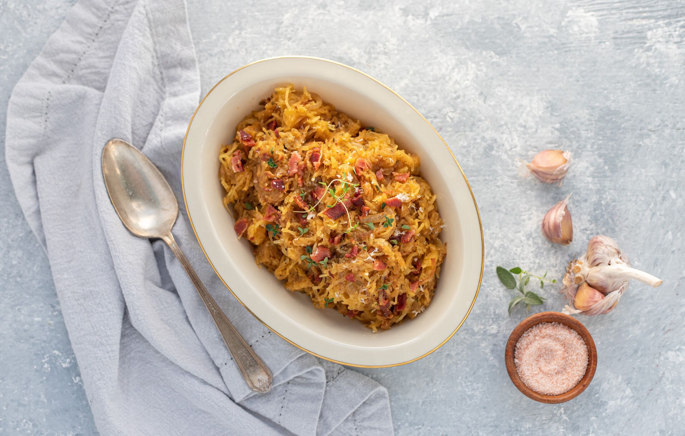 Spaghetti Squash with Caramelized Onions and Bacon