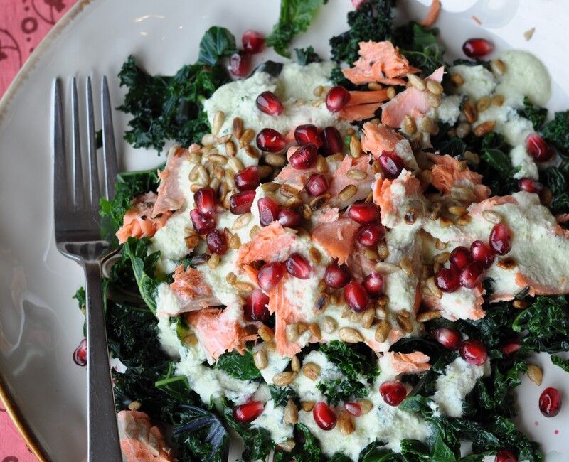 Blanched Kale Salad with Pomegranate and Green Apple Dressing