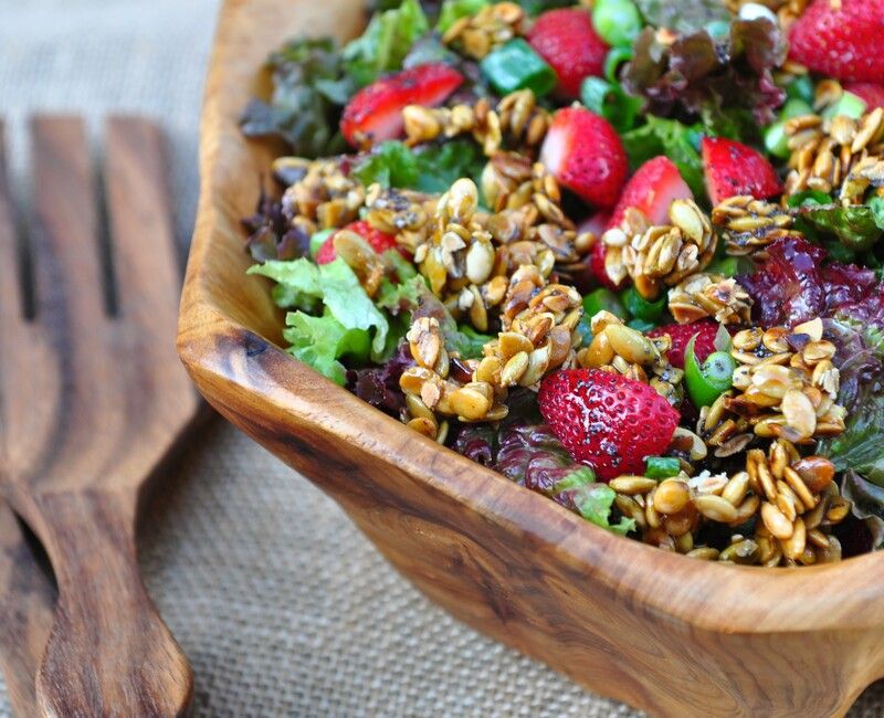 Sugar-Free Strawberry Salad with Candied Pumpkin Seeds and a Poppy Seed Vinaigrette