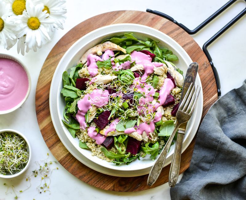 Arugula-Chicken-Quinoa Salad-Creamy Beetroot Dressing-1