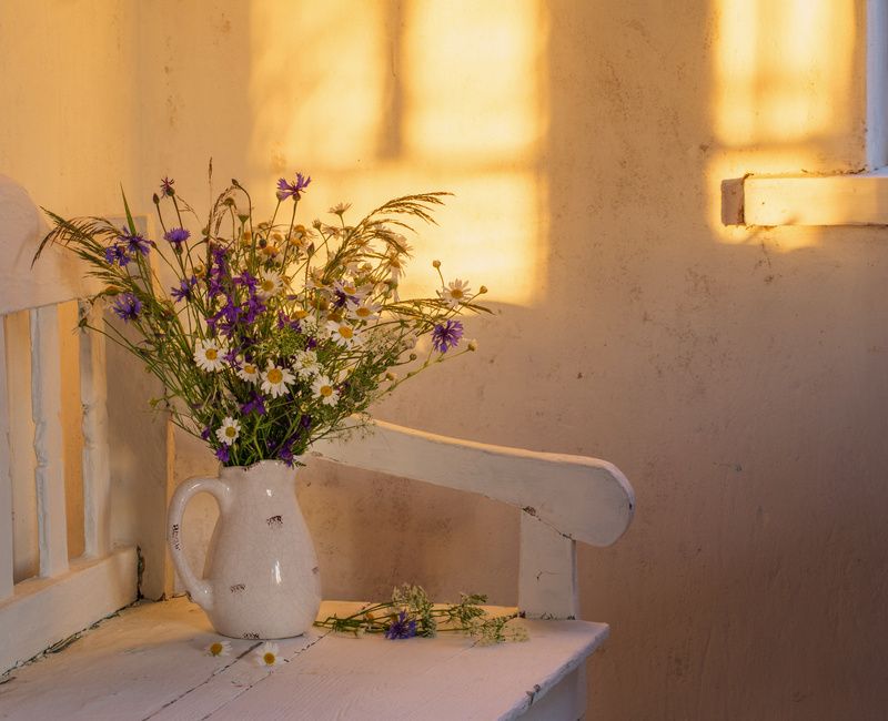 FLOWERS ON BENCH SUNSET