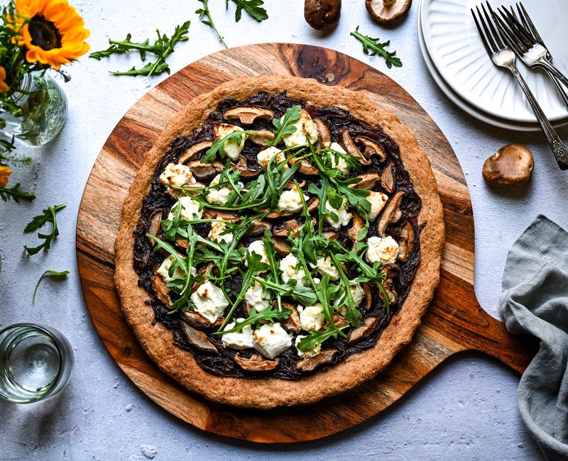 GOAT CHEESE CARAMELIZED ONION SHIITAKE PIZZA BUCKWHEAT CRUST GLUTEN-FREE EGG-FREE TOMATO-FREE-1