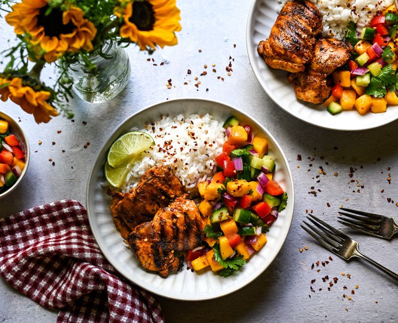 GRILLED CHILI LIME CHICKEN THIGHS WITH MANGO CUCUMBER SALAD AND RICE BOWLS-2