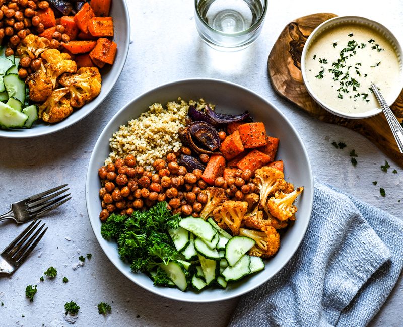 MIDDLE EASTERN ROASTED VEGETABLE CHICKPEA AND QUINOA BOWLS WITH CREAMY LEMON-TAHINI SAUCE-11