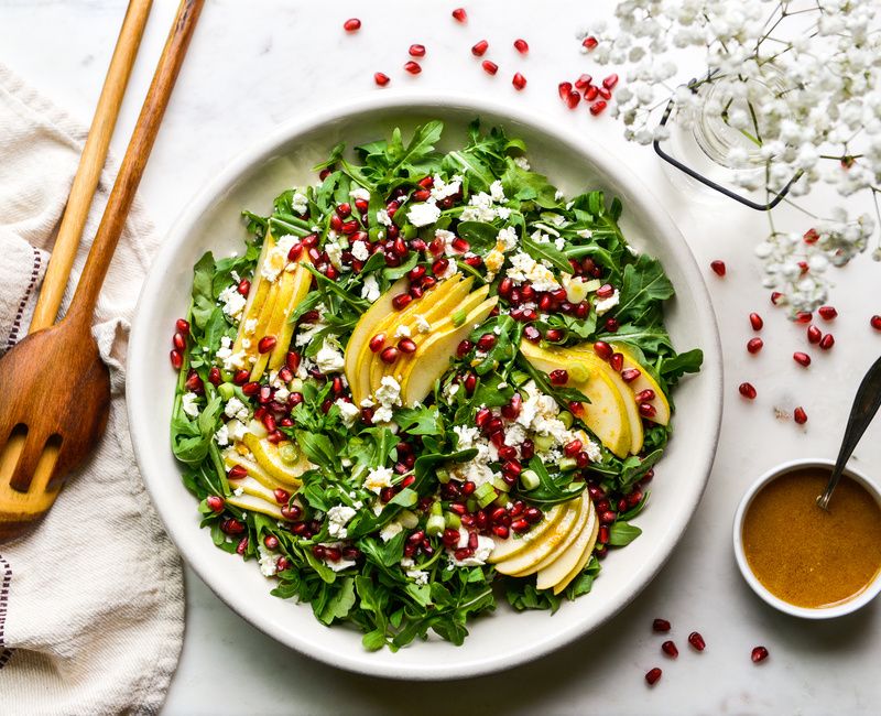 PEAR POMEGRANATE ARUGULA SALAD CITRUS-CIDER VINAIGRETTE-1