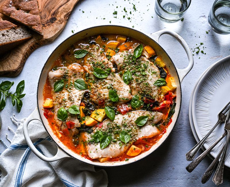 POACHED ROCKFISH WITH SUMMER SQUASH AND TOMATOES-1