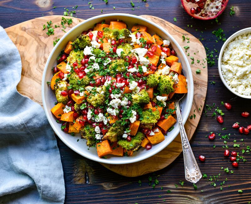 ROASTED ROMANESCO & SWEET POTATOES POMEGRANATE FETA-1