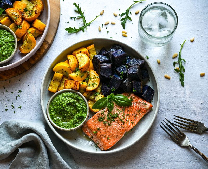ROASTED WILD SALMON PURPLE POTATOES ARUGULA PESTO DAIRY-FREE-1