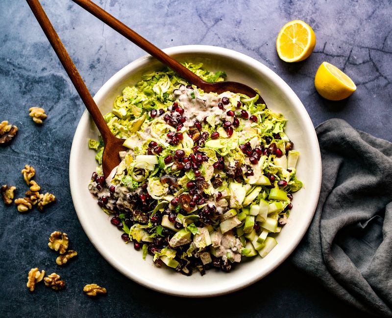 SHAVED BRUSSELS SPROUTS POMEGRANATE SALAD WALNUT HARISSA DRESSING DAIRY-FREE-1