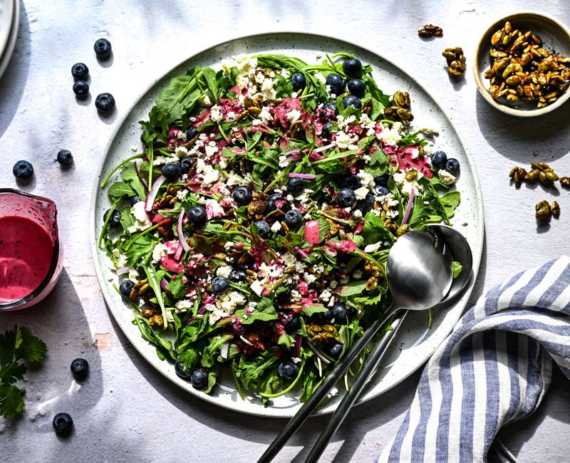 SUMMER BLUEBERRY AND ARUGULA SALAD WITH GINGER-LIME DRESSING AND SUMAC PUMPKIN SEEDS-1