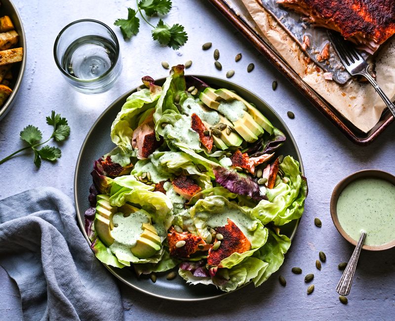 WILD SALMON TACO SALAD WITH CREAMY CILANTRO-LIME DRESSING-11