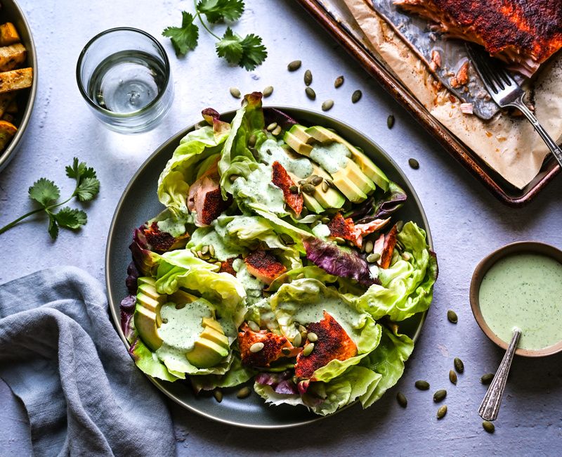 WILD SALMON TACO SALAD WITH CREAMY CILANTRO-LIME DRESSING-11