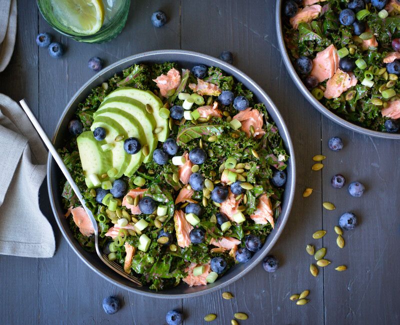 Kale and Salmon Salad with Blueberry Dressing