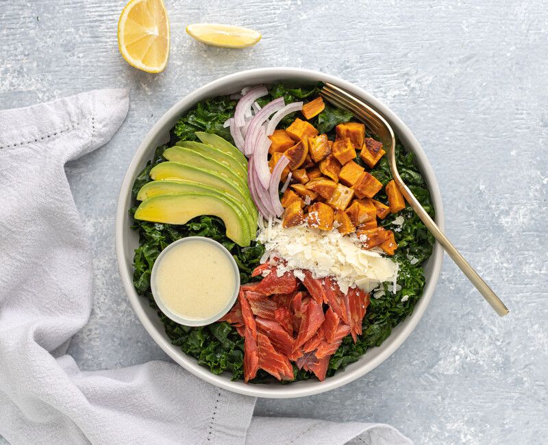 Massaged Kale Salad with Sweet Potatoes and Smoked Salmon