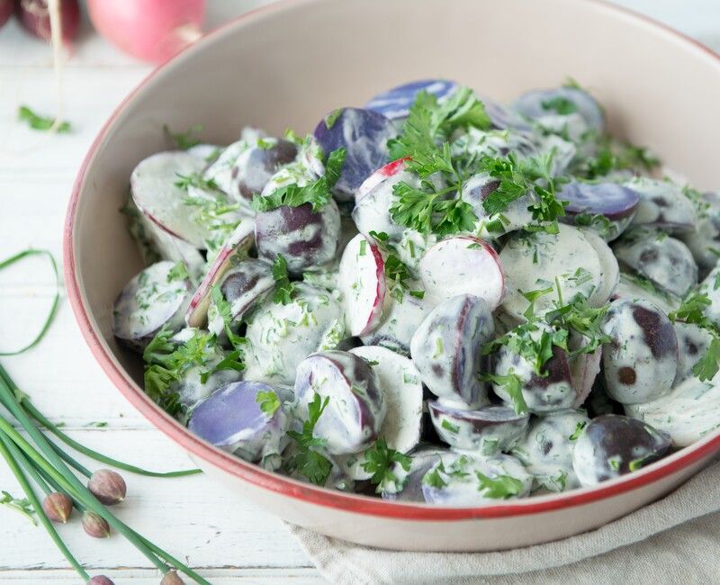 Purple Potato Salad with Radishes and Chives