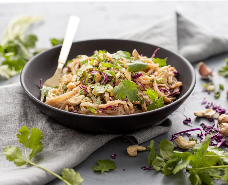 Rice Noodles and Red Cabbage in a Spicy Cashew Sauce