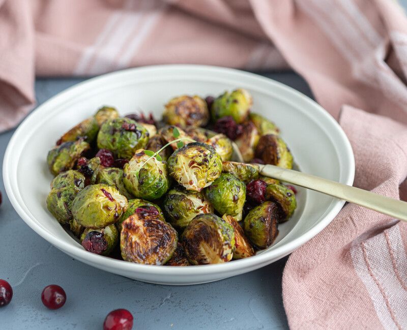 Roasted Brussels Sprouts  with Cranberries and Balsamic Reduction